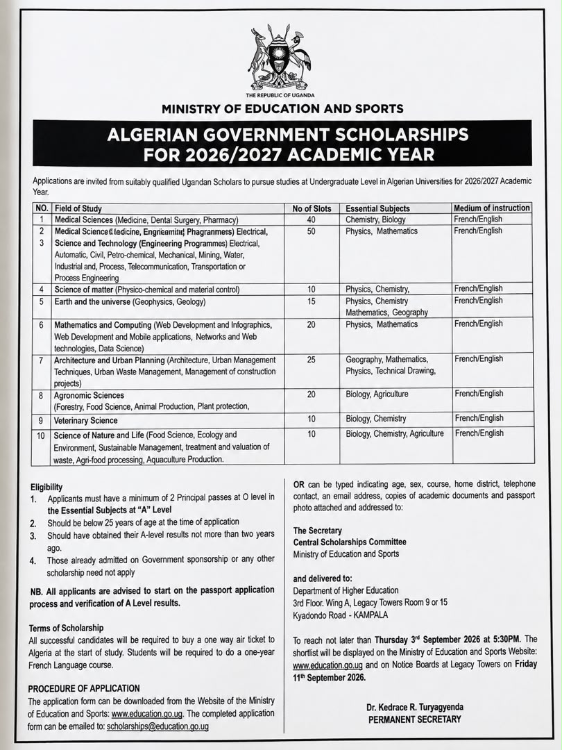 Algerian Government Scholarships 2026/2027 at Ministry of Education and Sports, Uganda / Government of Algeria