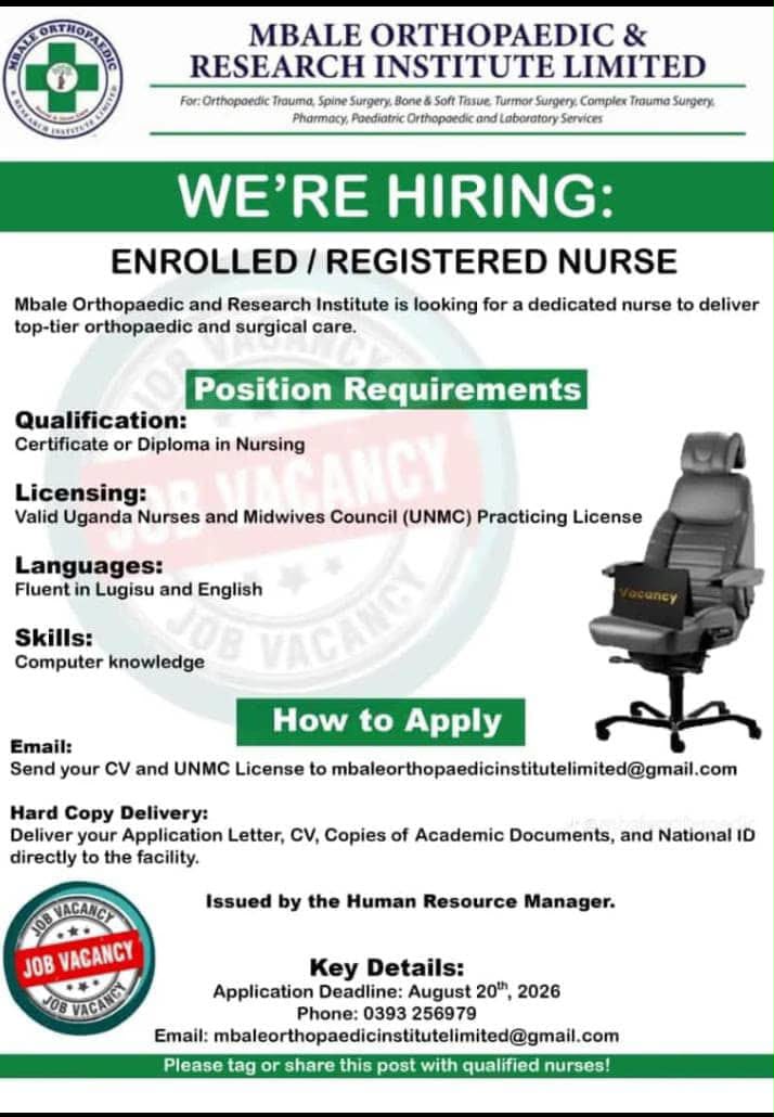 Enrolled / Registered Nurse - Mbale Orthopaedic and Research Institute at Mbale Orthopaedic and Research Institute Limited