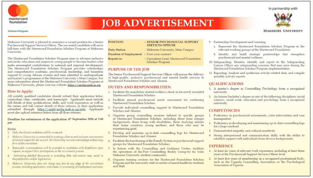 Senior Psychosocial Support Services Officer at Mastercard Foundation Scholars Program, Makerere University